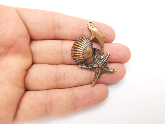 Dolphin Starfish Scallop Charms Pendant Antique Copper Plated (50x29mm) G28312