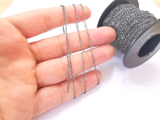 1mt(3.3ft) Sterling Silver Black Rolo Chain 925 Solid Silver Soldered Rolo Chain (1,6mm) G30062