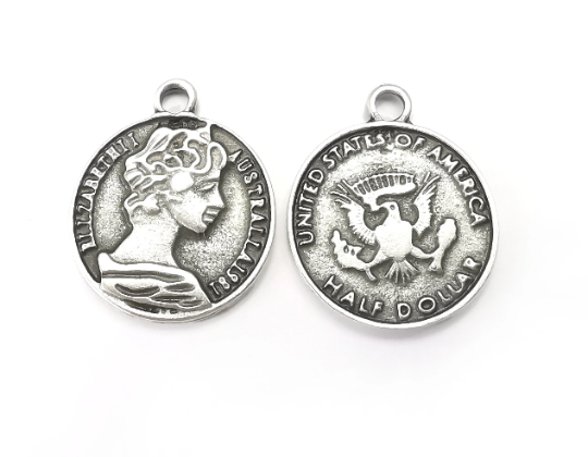 Coin Charms (Double sided) Antique Silver Plated Charms (26x22 mm) G28046