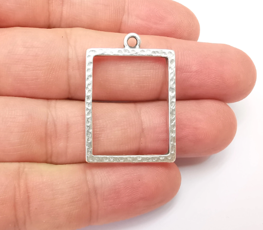 Rectangle Charm Antique Silver Plated Hammered Geometric Charms (35x24mm) G28731