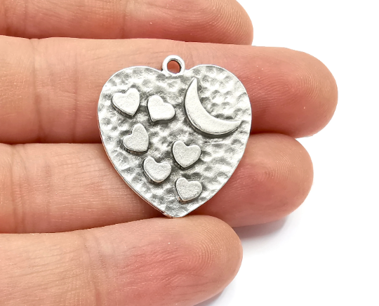 Heart Crescent Moon Charms Hammered Pendant Antique Silver Plated (29x27mm) G28242