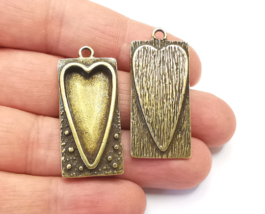 Heart Rectangle Pendant Blank Resin Bezel Mounting Cabochon Base Setting Antique Bronze Plated Charms 40x18mm (28x14mm Blank) G28001