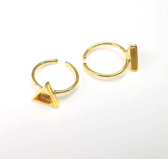 Triangle Shiny Gold Ring Bezels Settings Resin Backs Cabochon Mounting Gold Plated Brass Adjustable Ring Base (8mm blank) G28944