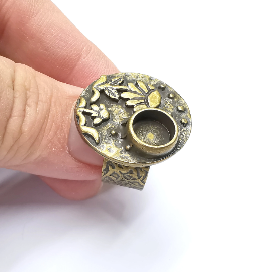 Flower Ring Blank Setting, Cabochon Mounting, Adjustable Resin Ring Base, Inlay Ring Blank Mosaic Bezels Antique Bronze Plated (8mm) G29314