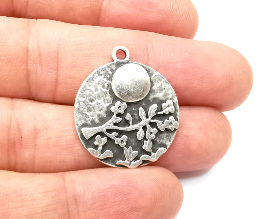 Flower Blossom Branch Charms Antique Silver Plated (28x25mm) G28455