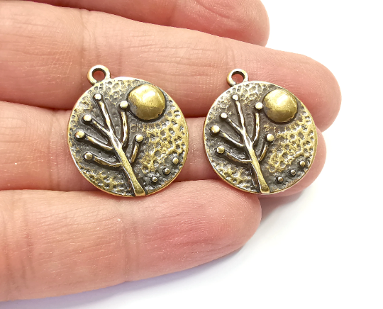 Tree Moon Charms Hammered Round Full Moon Pendant Antique Bronze Plated Charms (26x22mm) G28029