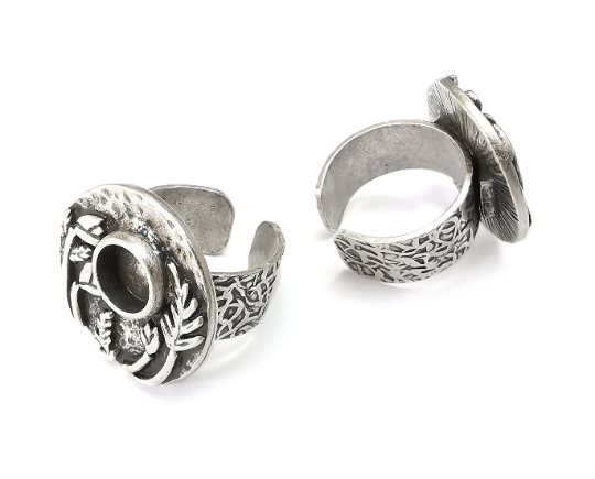 Flower Ring Setting , Tulip Ring, Branch Round Ring Blank , Cabochon Mounting, Adjustable Resin Base Bezels, Antique Silver (8mm) G28703