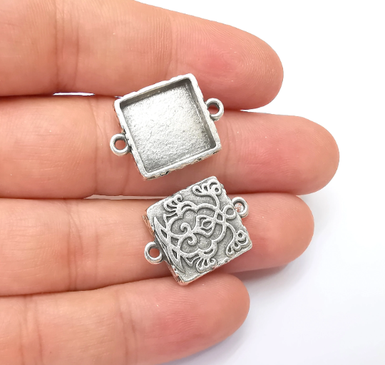 Unique Square Pendant Bezel, Resin Blank, inlay Mounting, Mosaic Frame Cabochon Base Dry Flower Setting, Antique Silver Plated (15mm) G28721