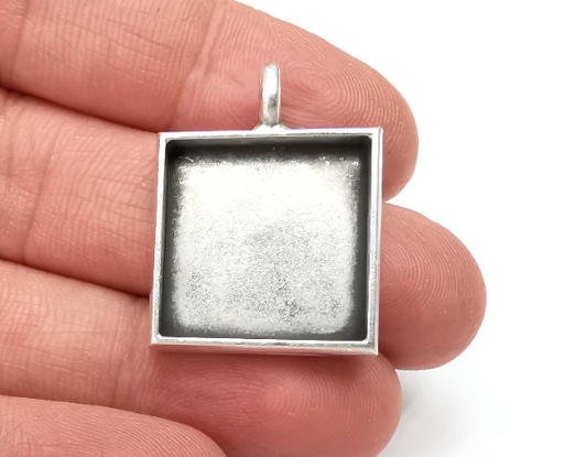 Square Pendant Blanks Resin Bezel Base Mosaic Mountings Antique Silver Plated (30x23mm) (20mm Blank Size) G28083