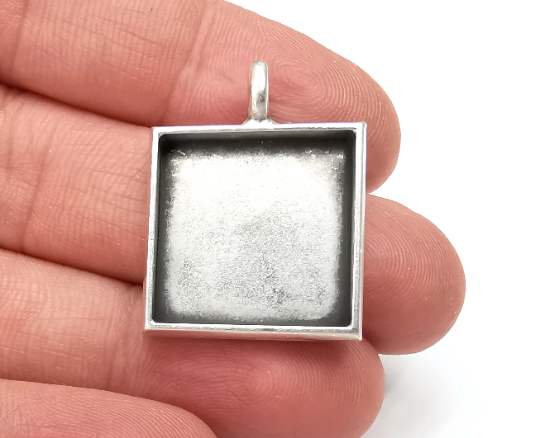 Square Pendant Blanks Resin Bezel Base Mosaic Mountings Antique Silver Plated (30x23mm) (20mm Blank Size) G28083