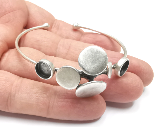 Discs Wire Bracelet Cuff Blank Bezel Glass Cabochon Base Adjustable Antique Silver Plated Brass (8mm ) G28988