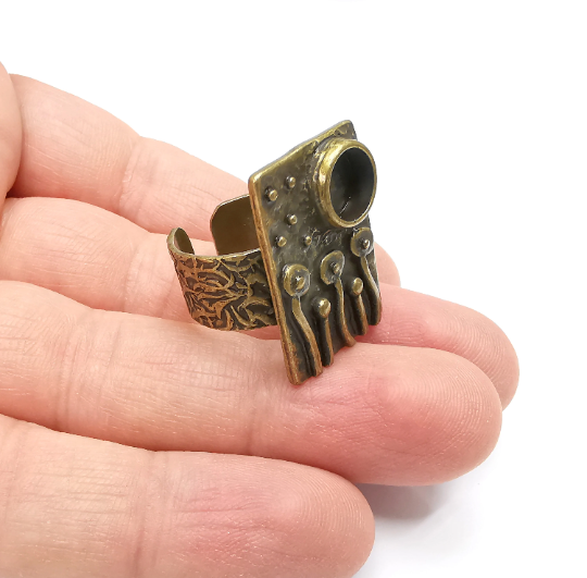 Flower Ring Blank Setting, Cabochon Mounting, Adjustable Resin Ring Base, Inlay Ring Blank Mosaic Bezels Antique Bronze Plated (8mm) G29302