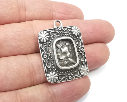Flower Pendant Blanks, Resin Bezel Bases, Mosaic Mountings, Dry flower Frame, Polymer Clay base, Antique Silver Plated (15x11mm) G28995