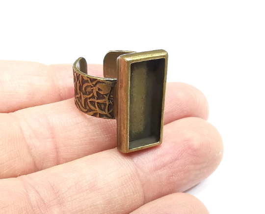 Rectangle Ring Blank Setting, Cabochon Mounting, Adjustable Resin Ring Base, Inlay Ring Mosaic Bezel Antique Bronze Plated (20x10) G29574