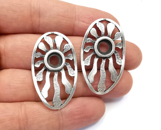 Sun Oval Charms Blank Resin Bezel Mosaic Mountings Cabochon Setting Antique Silver Plated Charms (41x24mm)(8mm Blank) G28002