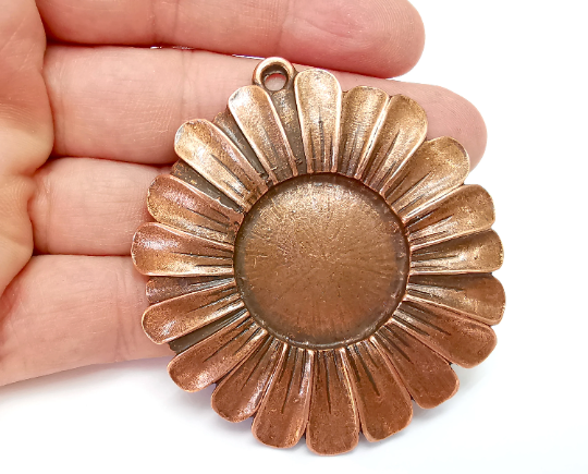 Sunflower Pendant Blank Bezel Mosaic Mountings Cabochon Setting Antique Copper Plated (70x65mm)(30mm Blank) G28071