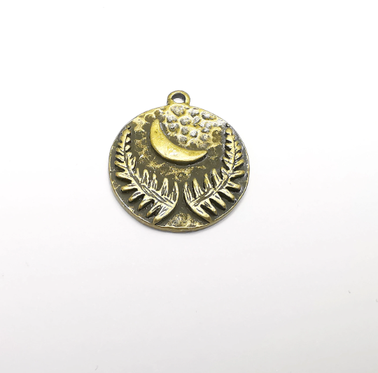 Crescent and Fern Leaf Charms Hammered Disc Pendant Antique Bronze Plated (28x24mm) G29383