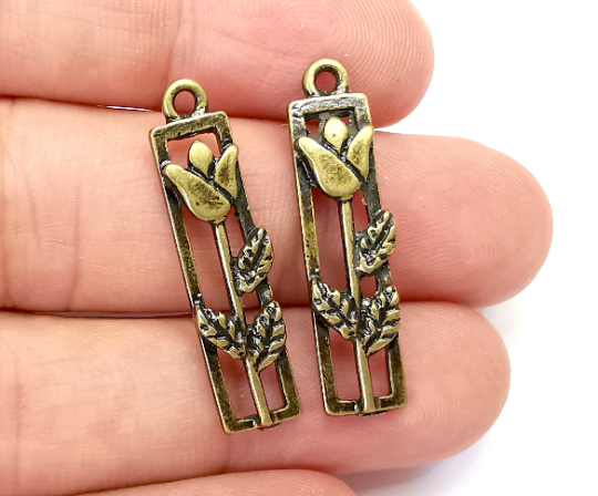 Flower Rose Leaf Charms Antique Bronze Plated Charms (33x8mm) G28261