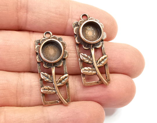 Flower Leaf Charms Blank Resin Bezel Mosaic Mountings Cabochon Setting Antique Copper Plated Charms (35x14mm)(8mm Blank) G28022