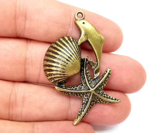 Dolphin Starfish Scallop Charms Pendant Antique Bronze Plated (50x29mm) G28259