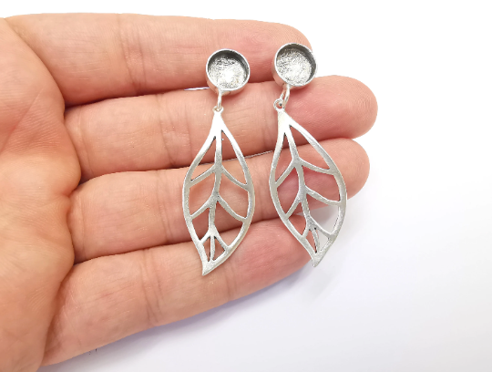Leaf Silver Earring Set Base Wire Antique Silver Plated Brass Earring Base (10mm blank) G28325