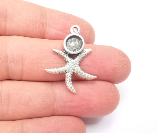 Starfish Pendant Bezel, Resin Blank, inlay Mounting, Mosaic Frame Cabochon Base Dry Flower Setting, Antique Silver Plated 6mm bezel G28927