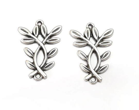 Branch Leaf Charms Connector Antique Silver Plated Charms (28x19mm) G28080