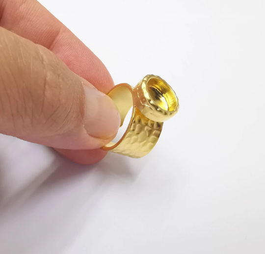 Hammered Ring Blank Setting Cabochon Base inlay Ring Hammered Mounting Adjustable Ring Bezel (10mm blank ) Gold Plated Metal G28257