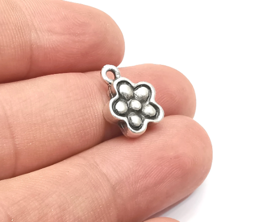 Flower Charms, Antique Silver Plated Charms (Double Sided) (15x12mm) G28739