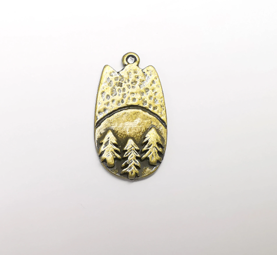 Trees Hill Charms, Tree Charms Hammered Pendant, Antique Bronze Plated (32x17mm) G29378