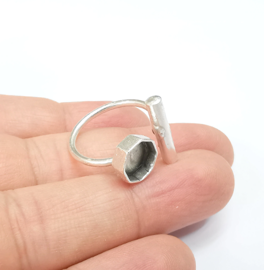 Wrap Ball Ring Blank Setting, Octagon Cabochon Mounting, Adjustable Resin Ring Base Bezels, Antique Silver Plated (8mm) G29546