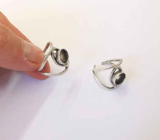 Silver Ring Blank Base Bezel Settings Cabochon Base Mountings Adjustable (8mm Blank) , Antique Silver Plated Brass G24972