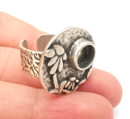 Flower Ring Blank Setting, Cabochon Mounting, Adjustable Resin Ring Base Bezels, Antique Silver Inlay Ring Mosaic Ring Bezel (8mm) G28723