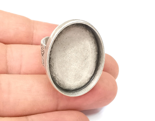 Oval Ring, Branch Ring Blank Setting, Cabochon Mounting, Adjustable Resin Base Bezels, Antique Silver Plated (30x22mm) G28582