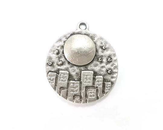 City Stars Charms Full Moon Charms Hammered Disc Pendant Antique Silver Plated (28x24mm) G28234