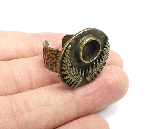 Fern Leaf Ring Blanks Settings, Cabochon Mounting, Adjustable Resin Ring Base Bezels, Antique Bronze Plated Brass (8mm) G29578