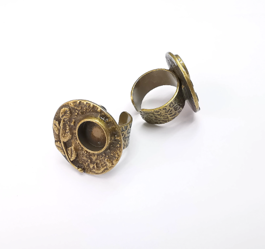 Flower Ring Blank Setting, Cabochon Mounting, Adjustable Resin Ring Base, Inlay Ring Blank Mosaic Bezels Antique Bronze Plated (10mm) G29322