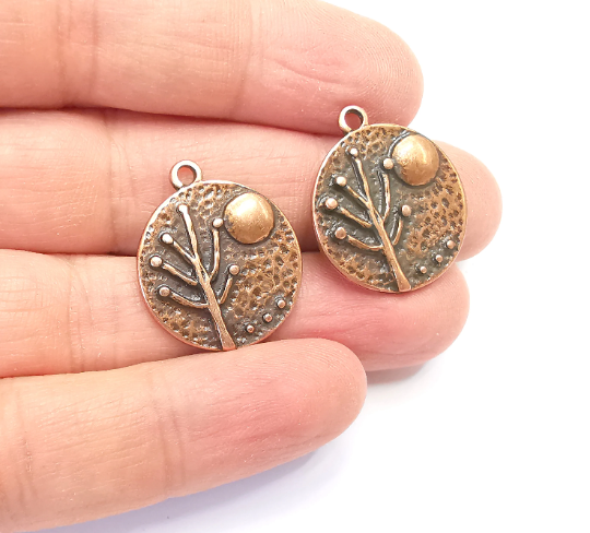 Tree Moon Charms Hammered Round Full Moon Pendant Antique Copper Plated Charms (26x22mm) G28016