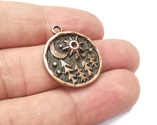 Tree Jungle Landscape Charms, Antique Copper Plated Crescent Sun Charms, Earring Dangle Components (25x21mm) G29272