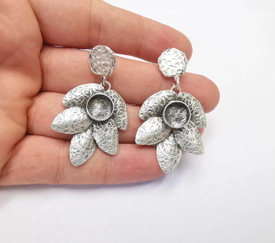 Leaf Hammered Disc Blank Silver Earring Set Base Wire Antique Silver Plated Brass Earring Base (10mm blank) G28326