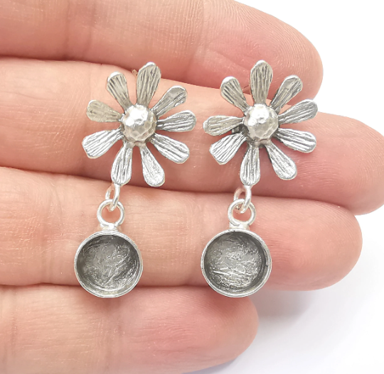 Flower Dangle Earring Base Wire Earring Blank Antique Silver Plated Brass Earring Base (10mm blank) G26715