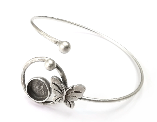 Butterfly Adjustable Bracelet Bases, Resin Cuff Blanks, Cabochon Bezel, Mosaic, Dry flower, Antique Silver Plated Brass (10mm) G28417