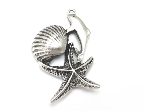 Dolphin Starfish Scallop Charms Pendant Antique Silver Plated (50x29mm) G28219