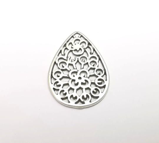 Drop Filigree Dangle Charms, Antique Silver Plated Findings (33x23mm) G29581