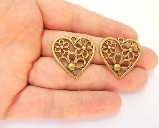 2 Heart Flower Charms Antique Bronze Plated Charms (28x28mm) G22523
