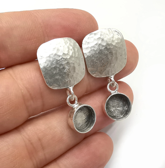 Round Blank Dangle Hammered Square Disc Silver Earring Set Base Wire Antique Silver Plated Brass Earring Base (10mm blank) G28342
