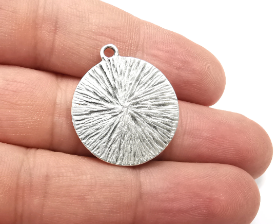 Flower Leaf Charms Hammered Disc Pendant Antique Silver Plated (28x25mm) G28486