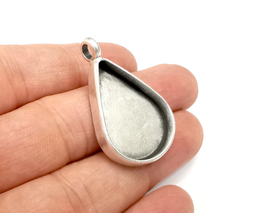 Drop Pendant Blank Bezel Resin Mosaic Mountings Antique Silver Plated Charms (40x25mm)( 30x22 mm Bezel Inner Size) G28086