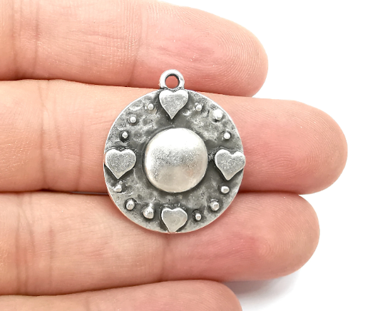 Heart Charms Hammered Disc Moon Pendant Antique Silver Plated (28x25mm) G28495