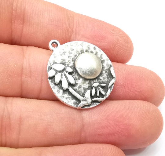 Flower Leaf Charms Moon Hammered Disc Charms Antique Silver Plated (28x24mm) G28720